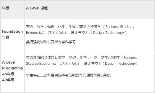 天津惠灵顿国际学校课程设置,A-Level课程